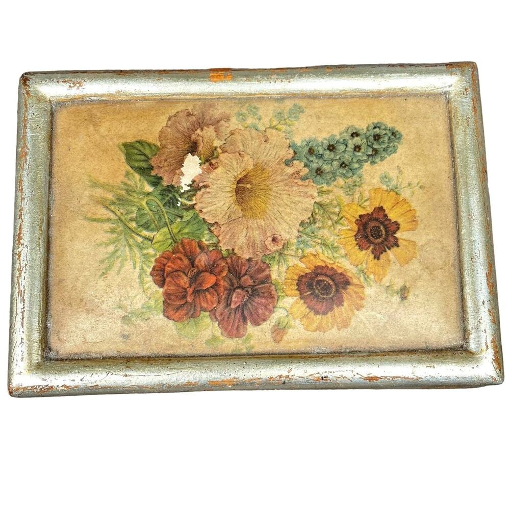 Vintage Borghese Chalkware Gold Trinket Box Floral Print Flowers Dresser DAMAGE